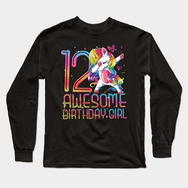 12th Birthday Girl 12 Years Old Awesome Unicorn Dabbing Bday Long Sleeve T-Shirt by The Design Catalyst